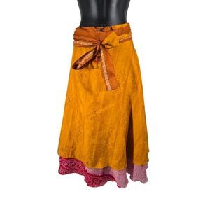 Hamsa Layerer Wrap Skirt Womens Medium Boho Hippie Metallic Flowy Bow Indian